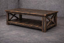 Load image into Gallery viewer, Handmade Rustic Industrial X-Frame Coffee Table with Lower Shelf