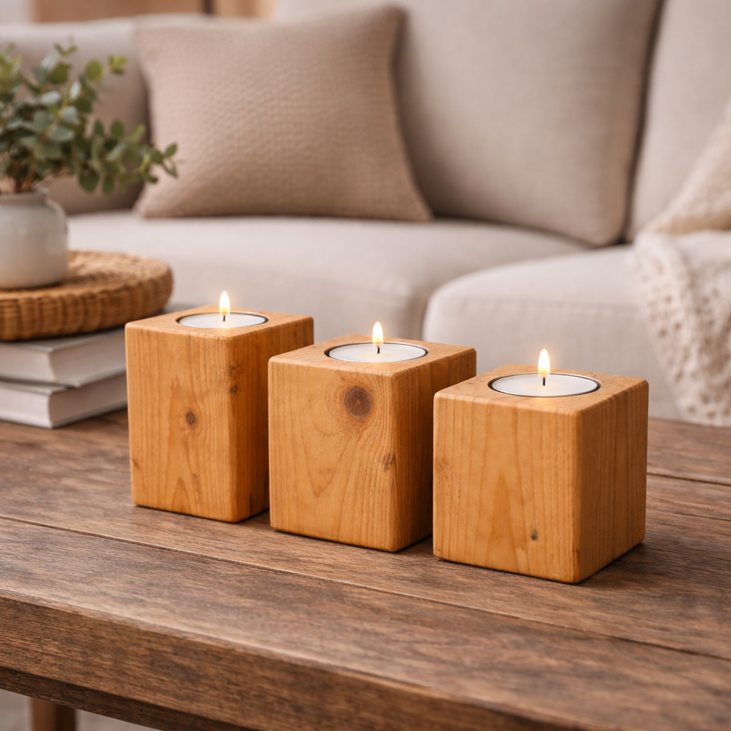 Handcrafted Wooden Tealight Candle Holder – Set of 3