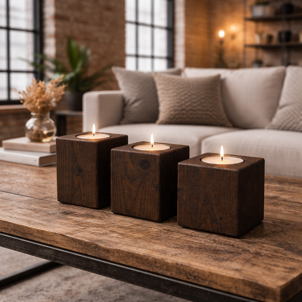 Handcrafted Wooden Tealight Candle Holder – Set of 3