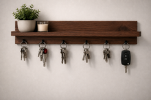 Load image into Gallery viewer, Handmade Wooden Key Rack Shelf – Walnut Finish with Hooks

