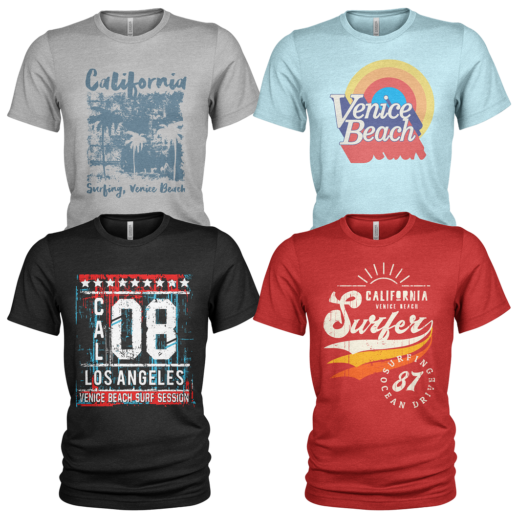 4 Pack Men's Crew Neck Summer Holidays California T-Shirts