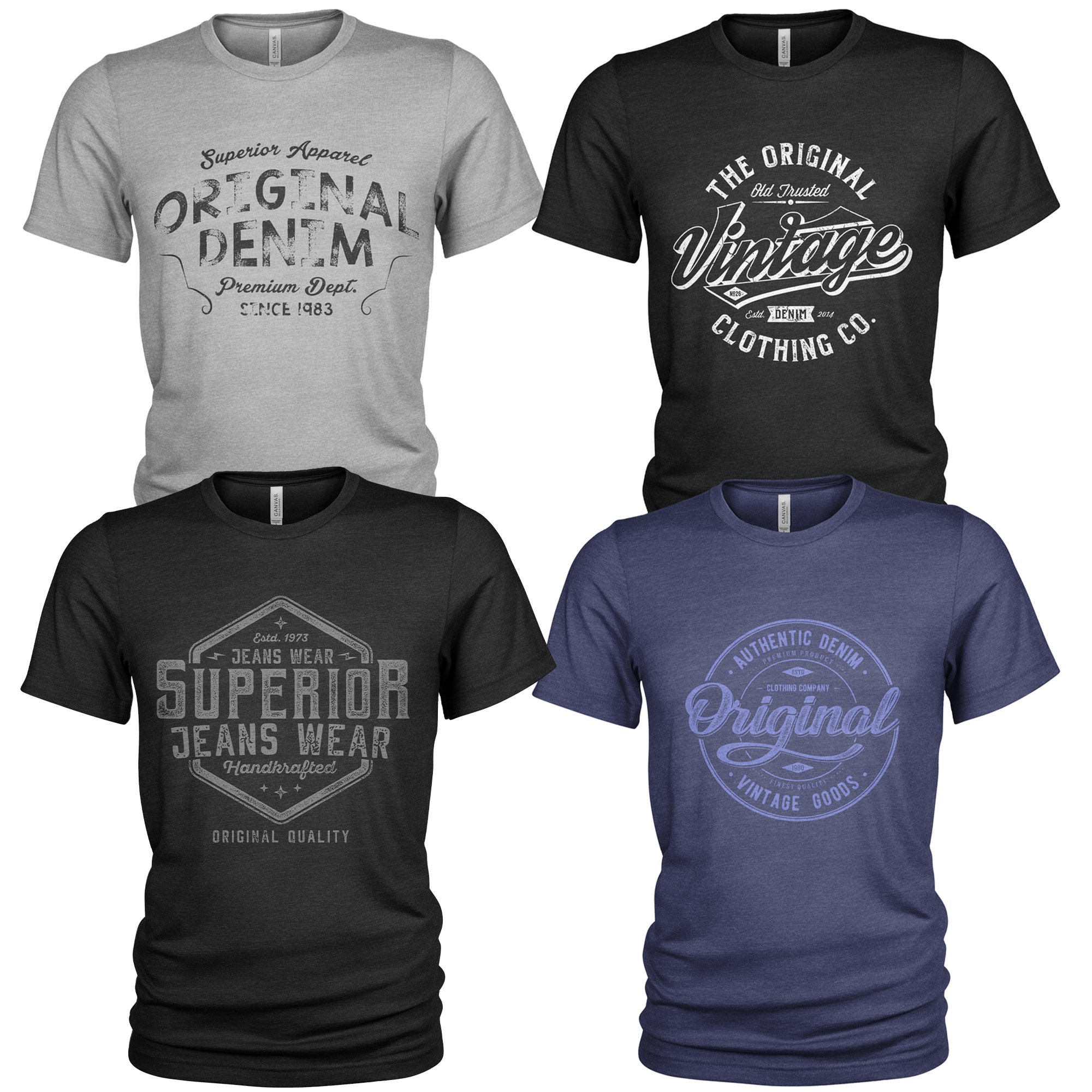 4 Pack Men's Raw Denim Cotton Crew Neck Casual T Shirts