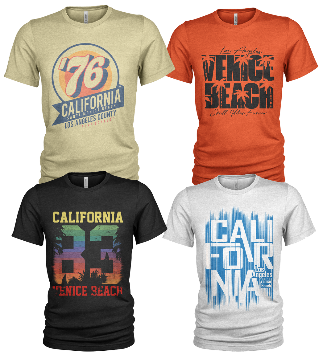 4 Pack Men's Crew Neck Summer Holidays California T-Shirts