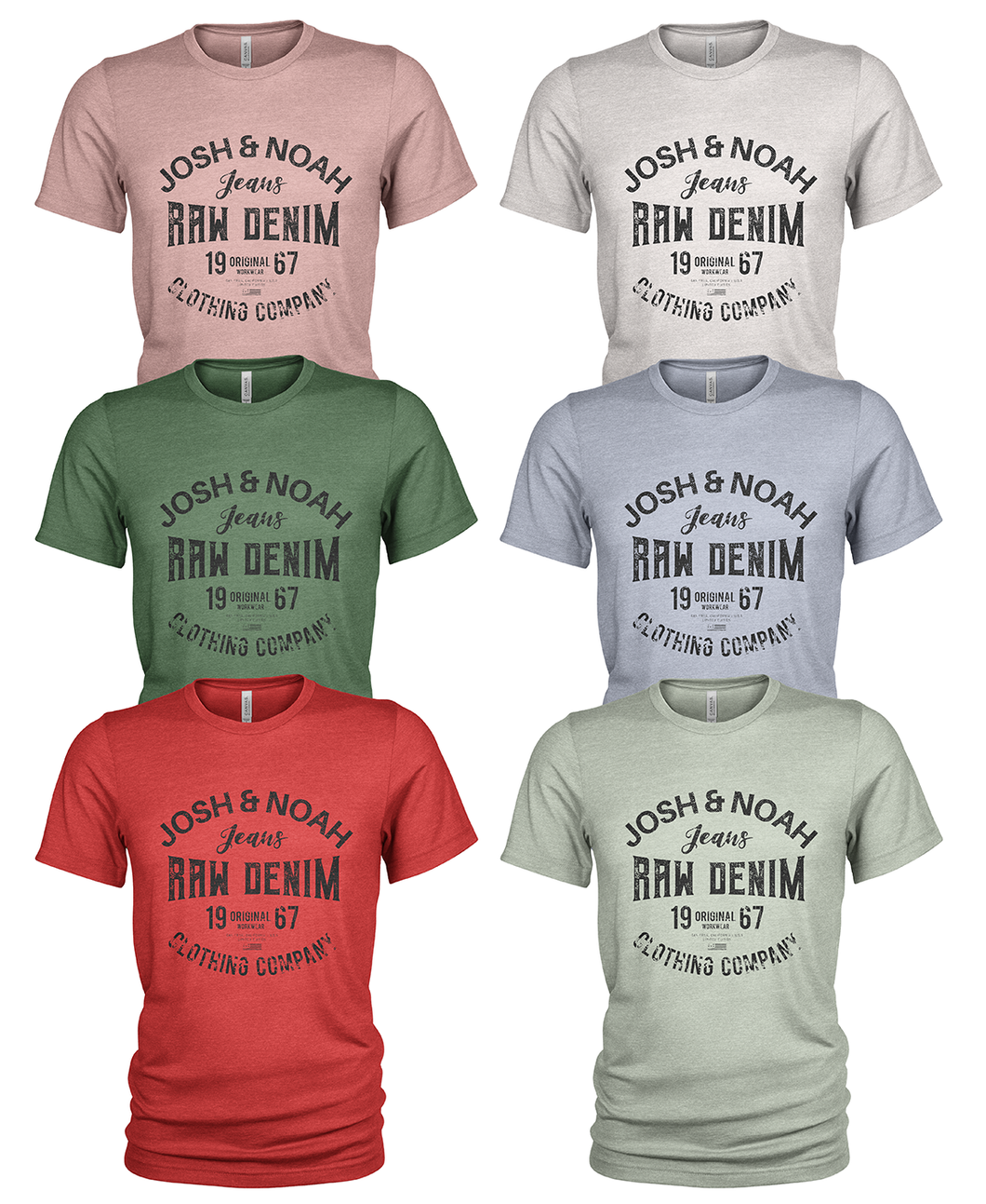 6 Pack Josh & Noah Raw Denim Men's 100% organic Crew Neck Casual T-Shirts