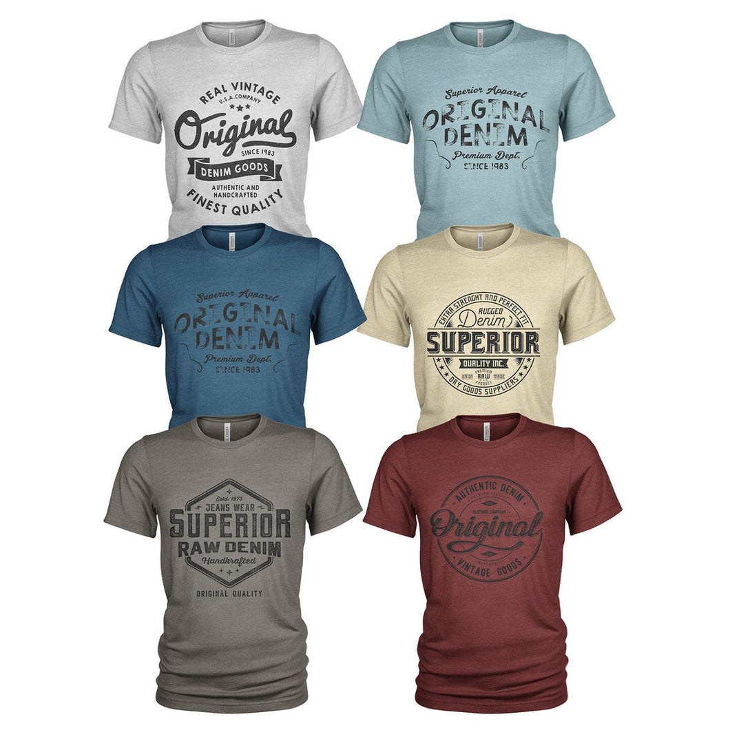 6 Pack Men's Original Raw Denim Cotton Crew Neck Casual T Shirts